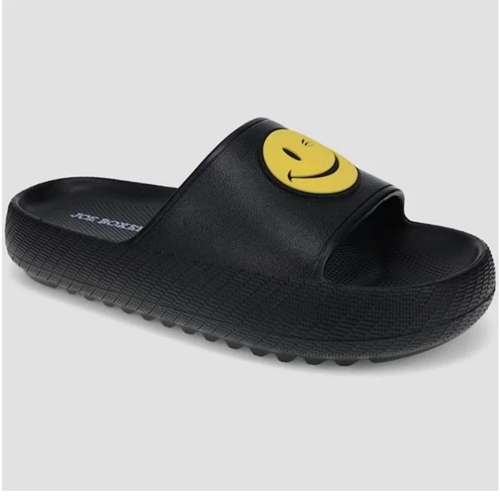 Joe Boxer Girls Black Slide Sandals with Yellow Smiley Face